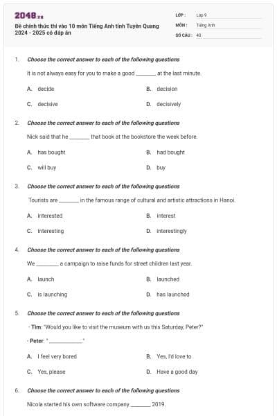 Đề chính thức thi vào 10 môn Tiếng Anh tỉnh Tuyên Quang 2024 - 2025 có đáp án