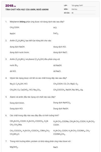 TÍNH CHẤT HÓA HỌC CỦA AMIN, MUỐI AMONI
