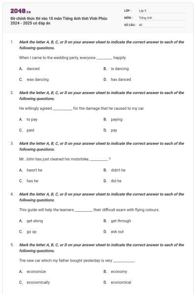 Đề chính thức thi vào 10 môn Tiếng Anh tỉnh Vĩnh Phúc 2024 - 2025 có đáp án