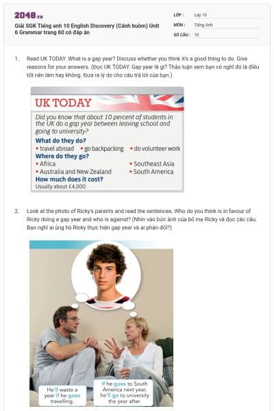 Giải SGK Tiếng anh 10 English Discovery (Cánh buồm) Unit 6 Grammar trang 60 có đáp án