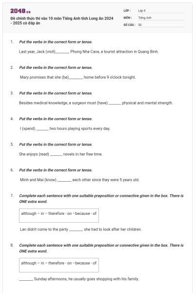 Đề chính thức thi vào 10 môn Tiếng Anh tỉnh Long An 2024 - 2025 có đáp án