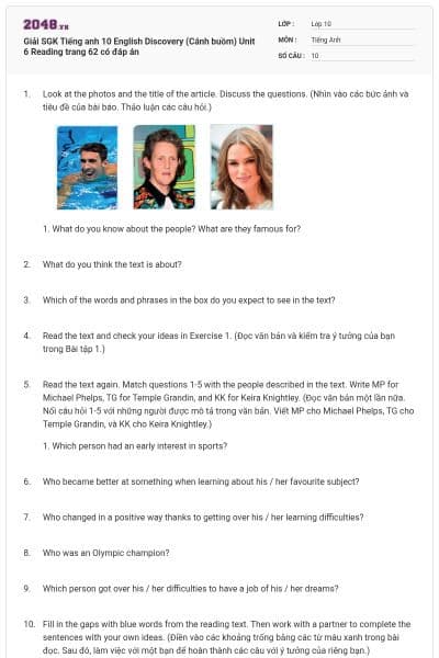 Giải SGK Tiếng anh 10 English Discovery (Cánh buồm) Unit 6 Reading trang 62 có đáp án