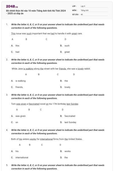 Đề chính thức thi vào 10 môn Tiếng Anh tỉnh Hà Tĩnh 2024 - 2025 có đáp án