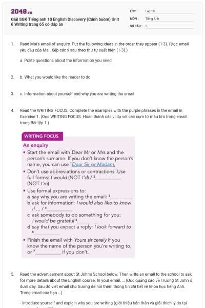 Giải SGK Tiếng anh 10 English Discovery (Cánh buồm) Unit 6 Writing trang 65 có đáp án