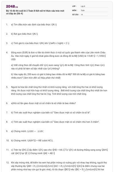 Bộ 10 đề thi cuối kì 2 Toán 8 Kết nối tri thức cấu trúc mới có đáp án (Đề 4)