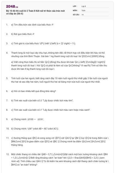 Bộ 10 đề thi cuối kì 2 Toán 8 Kết nối tri thức cấu trúc mới có đáp án (Đề 6)