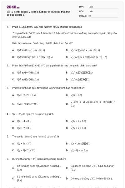 Bộ 10 đề thi cuối kì 2 Toán 8 Kết nối tri thức cấu trúc mới có đáp án (Đề 8)