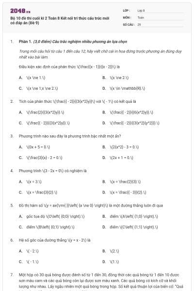 Bộ 10 đề thi cuối kì 2 Toán 8 Kết nối tri thức cấu trúc mới có đáp án (Đề 9)