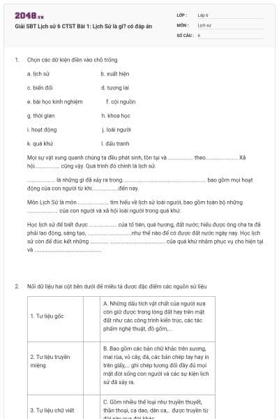 Giải SBT Lịch sử 6 CTST Bài 1: Lịch Sử là gì? có đáp án
