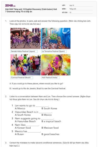 Giải SGK Tiếng anh 10 English Discovery (Cánh buồm) Unit 7 Grammar trang 70 có đáp án