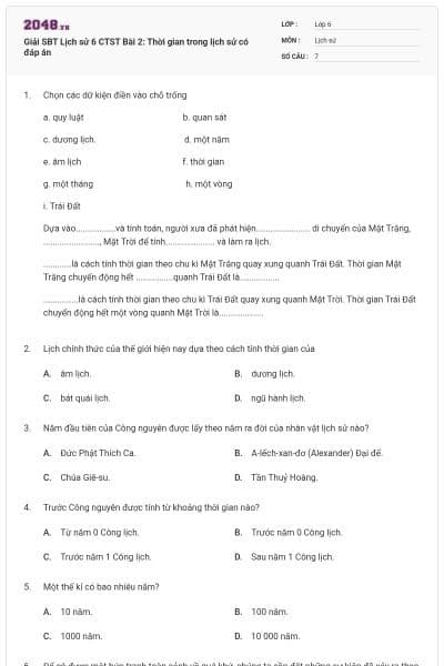 Giải SBT Lịch sử 6 CTST Bài 2: Thời gian trong lịch sử có đáp án