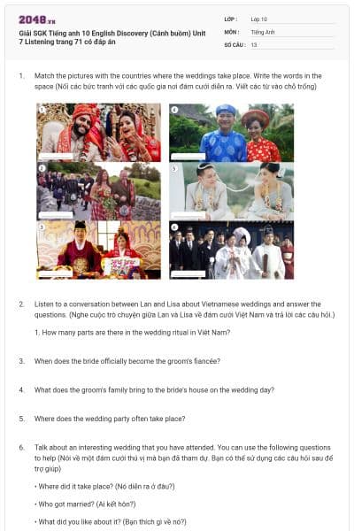 Giải SGK Tiếng anh 10 English Discovery (Cánh buồm) Unit 7 Listening trang 71 có đáp án