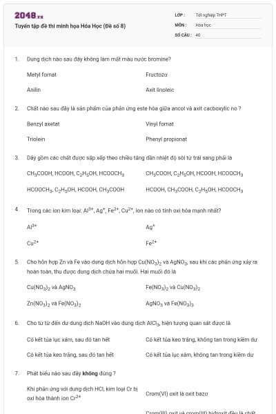 Tuyển tập đề thi minh họa Hóa Học (Đề số 8)