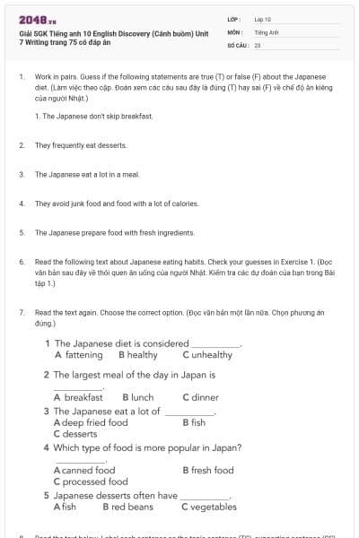 Giải SGK Tiếng anh 10 English Discovery (Cánh buồm) Unit 7 Writing trang 75 có đáp án