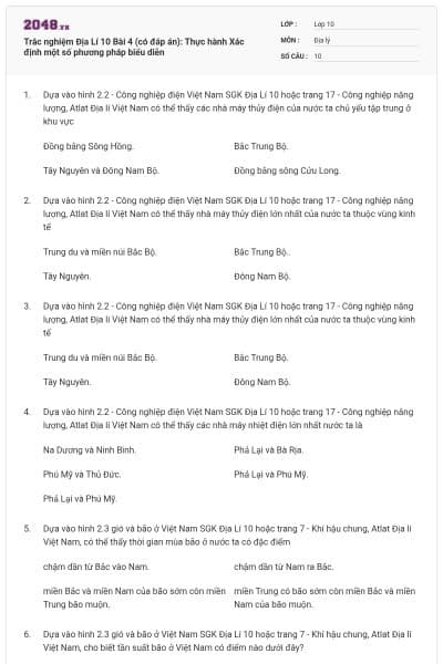 Trắc nghiệm Địa Lí 10 Bài 4 (có đáp án): Thực hành Xác định một số phương pháp biểu diễn