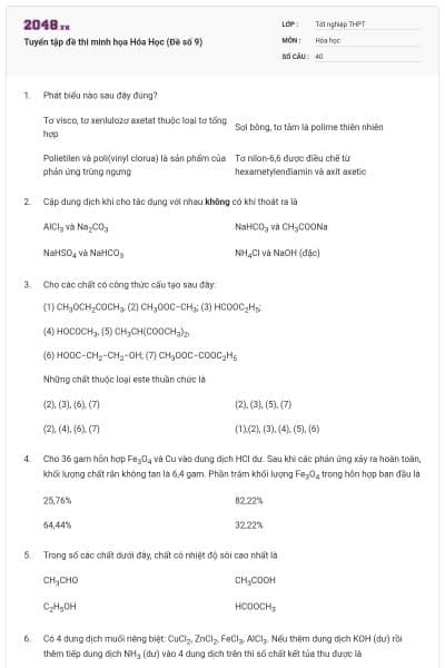 Tuyển tập đề thi minh họa Hóa Học (Đề số 9)