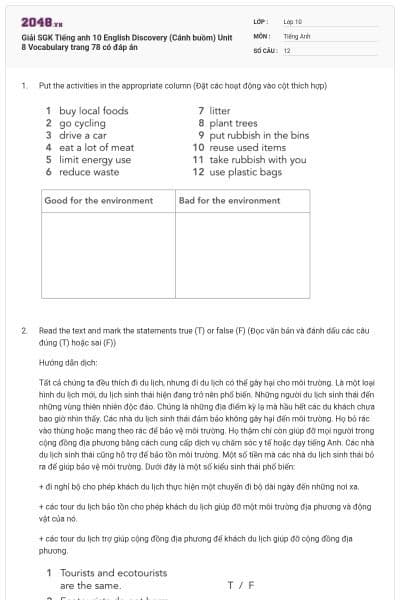 Giải SGK Tiếng anh 10 English Discovery (Cánh buồm) Unit 8 Vocabulary trang 78 có đáp án