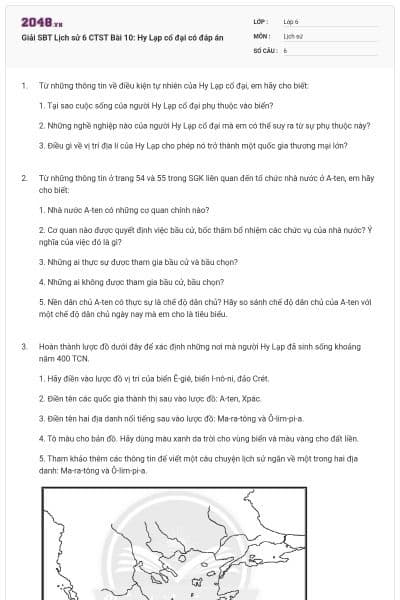 Giải SBT Lịch sử 6 CTST Bài 10: Hy Lạp cổ đại có đáp án