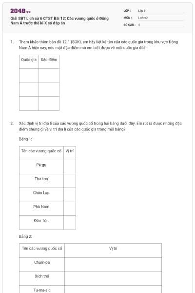 Giải SBT Lịch sử 6 CTST Bài 12: Các vương quốc ở Đông Nam Á trước thế kỉ X có đáp án