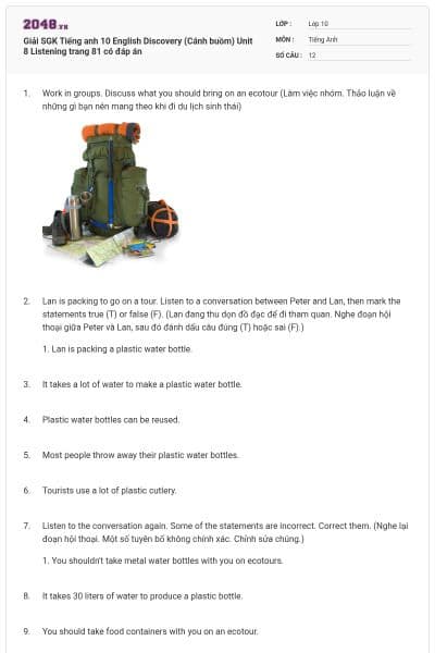 Giải SGK Tiếng anh 10 English Discovery (Cánh buồm) Unit 8 Listening trang 81 có đáp án