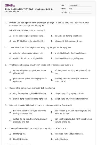 Đề thi thử tốt nghiệp THPT Địa lí - Liên trường Nghệ An 2025 có đáp án