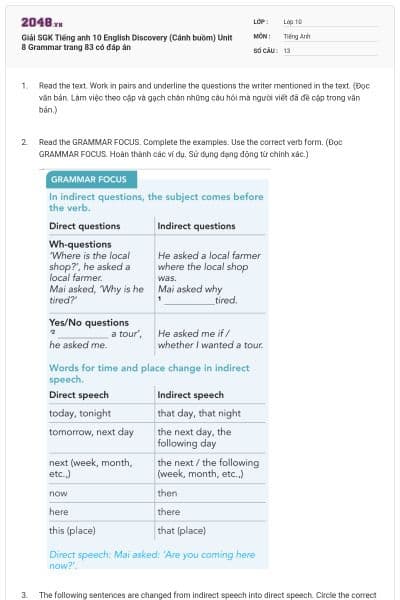 Giải SGK Tiếng anh 10 English Discovery (Cánh buồm) Unit 8 Grammar trang 83 có đáp án