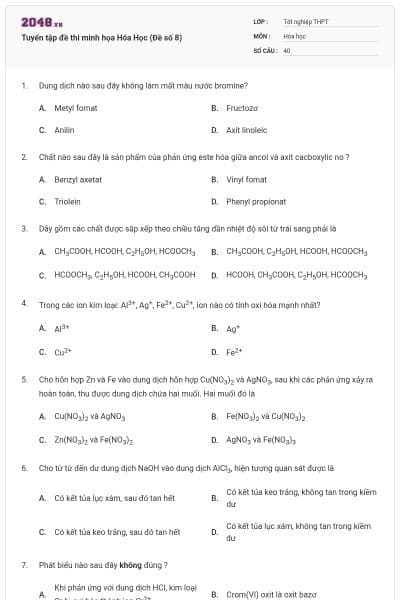Tuyển tập đề thi minh họa Hóa Học (Đề số 8)