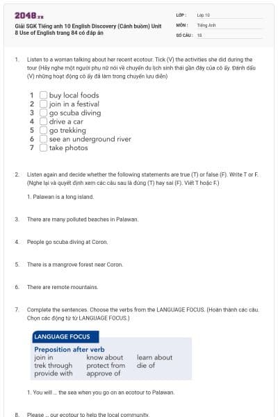 Giải SGK Tiếng anh 10 English Discovery (Cánh buồm) Unit 8 Use of English trang 84 có đáp án