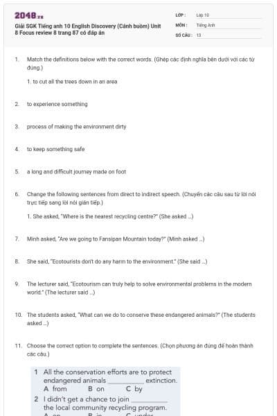 Giải SGK Tiếng anh 10 English Discovery (Cánh buồm) Unit 8 Focus review 8 trang 87 có đáp án