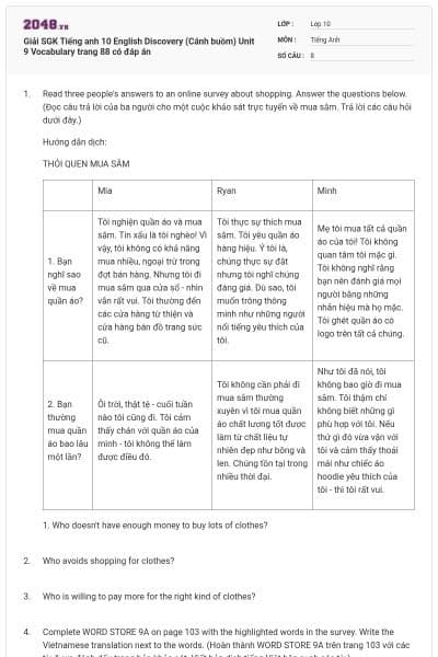 Giải SGK Tiếng anh 10 English Discovery (Cánh buồm) Unit 9 Vocabulary trang 88 có đáp án