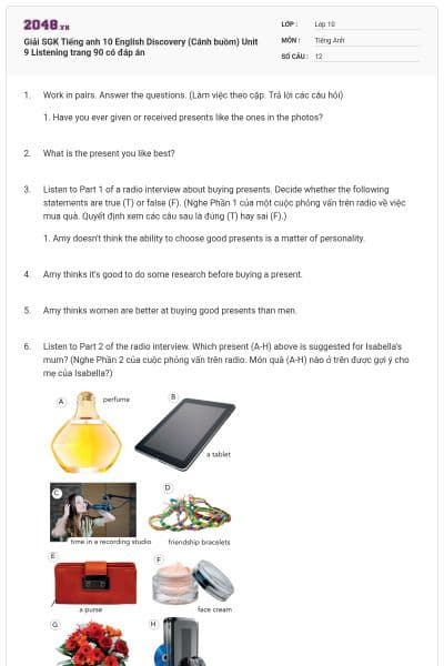 Giải SGK Tiếng anh 10 English Discovery (Cánh buồm) Unit 9 Listening trang 90 có đáp án