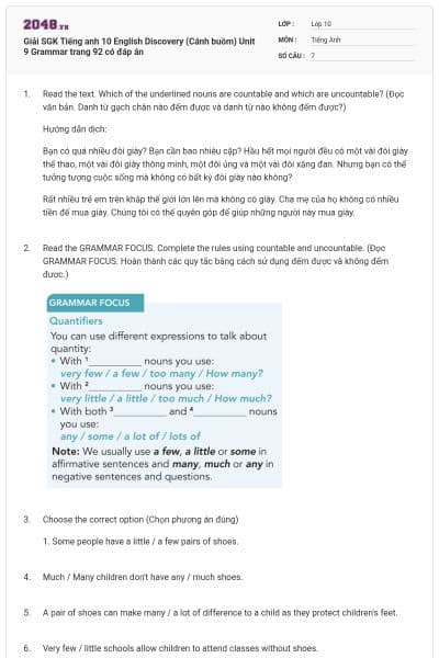 Giải SGK Tiếng anh 10 English Discovery (Cánh buồm) Unit 9 Grammar trang 92 có đáp án