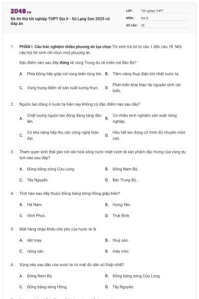 Đề thi thử tốt nghiệp THPT Địa lí - Sở Lạng Sơn 2025 có đáp án