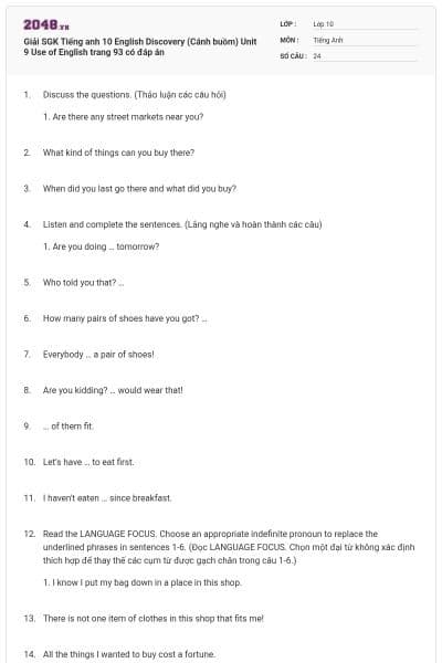 Giải SGK Tiếng anh 10 English Discovery (Cánh buồm) Unit 9 Use of English trang 93 có đáp án