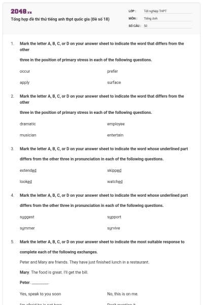 Tổng hợp đề thi thử tiếng anh thpt quốc gia (Đề số 18)