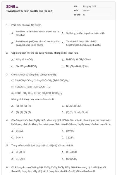 Tuyển tập đề thi minh họa Hóa Học (Đề số 9)