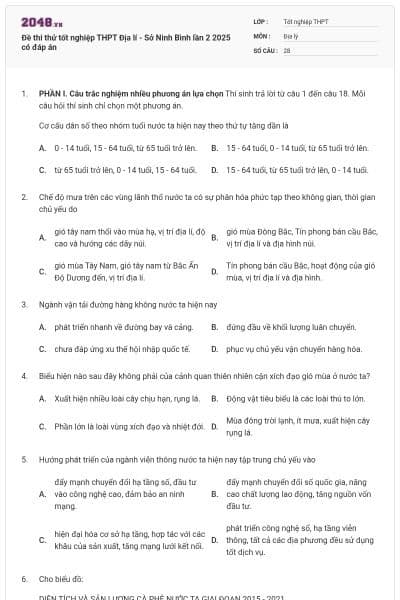 Đề thi thử tốt nghiệp THPT Địa lí - Sở Ninh Bình lần 2 2025 có đáp án