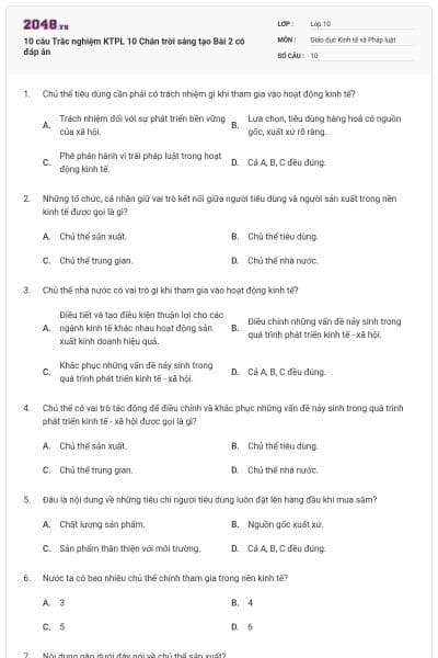 10 câu Trắc nghiệm KTPL 10 Chân trời sáng tạo Bài 2 có đáp án