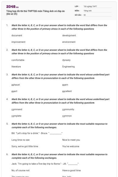 Tổng hợp đề thi thử THPTQG môn Tiếng Anh có đáp án (Đề số 25)