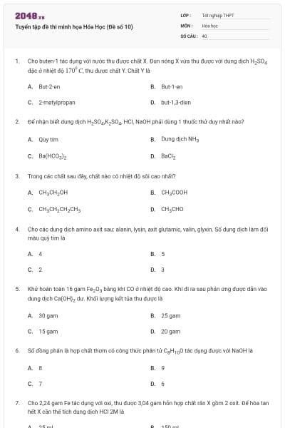 Tuyển tập đề thi minh họa Hóa Học (Đề số 10)