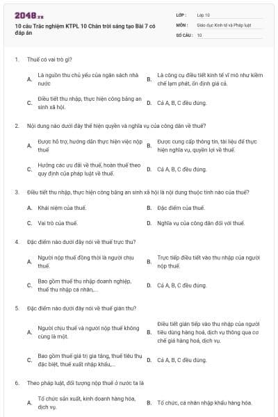 10 câu Trắc nghiệm KTPL 10 Chân trời sáng tạo Bài 7 có đáp án