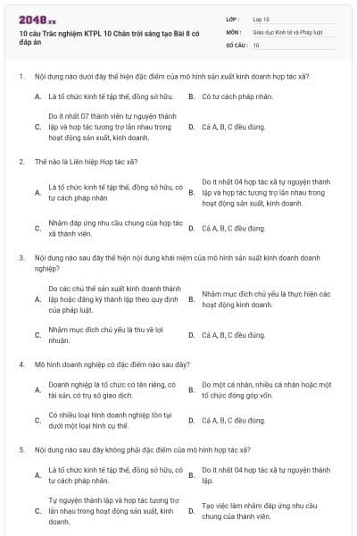 10 câu Trắc nghiệm KTPL 10 Chân trời sáng tạo Bài 8 có đáp án