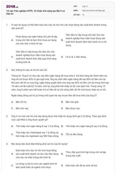 10 câu Trắc nghiệm KTPL 10 Chân trời sáng tạo Bài 9 có đáp án