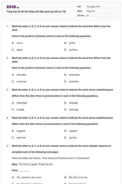 Tổng hợp đề thi thử tiếng anh thpt quốc gia (Đề số 18)