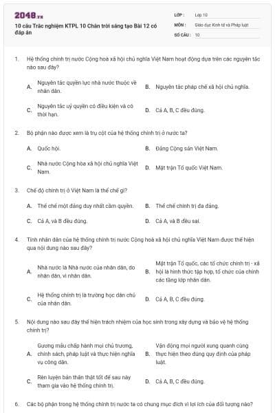 10 câu Trắc nghiệm KTPL 10 Chân trời sáng tạo Bài 12 có đáp án