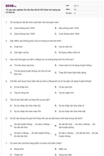 15 câu trắc nghiệm Áo dài đầu thế kỉ XX Chân trời sáng tạo có đáp án