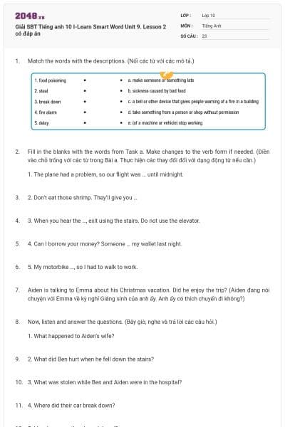 Giải SBT Tiếng anh 10 I-Learn Smart Word Unit 9. Lesson 2 có đáp án