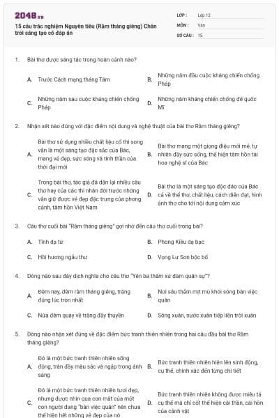 15 câu trắc nghiệm Nguyên tiêu (Rằm tháng giêng) Chân trời sáng tạo có đáp án