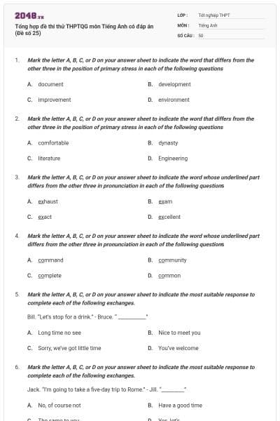 Tổng hợp đề thi thử THPTQG môn Tiếng Anh có đáp án (Đề số 25)