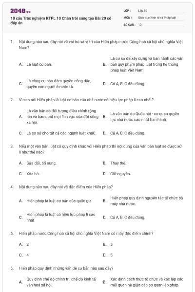 10 câu Trắc nghiệm KTPL 10 Chân trời sáng tạo Bài 20 có đáp án